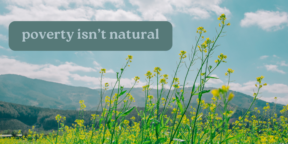 Plants in a field with mountains and a blue sky with clouds in the background. Text says poverty isn't natural