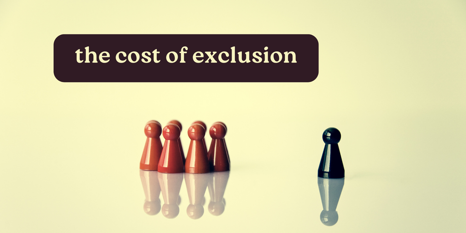 group of orange game figures in a group with a black game figure off to the side. text says the cost of exclusion